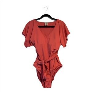 Time and Tru Womens XL Pink Coral Short Sleeve Ruffle One Piece Swim Suit